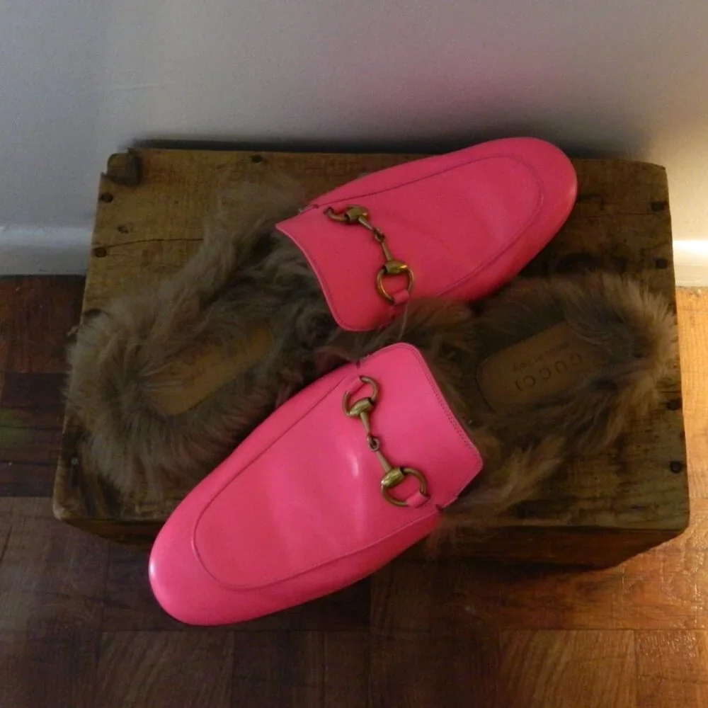 Gucci Princetown Fur Lined Horse-bit Hot Pink Fuchsia Slip On Mules 9 NWT EUC! - Picture 6 of 7